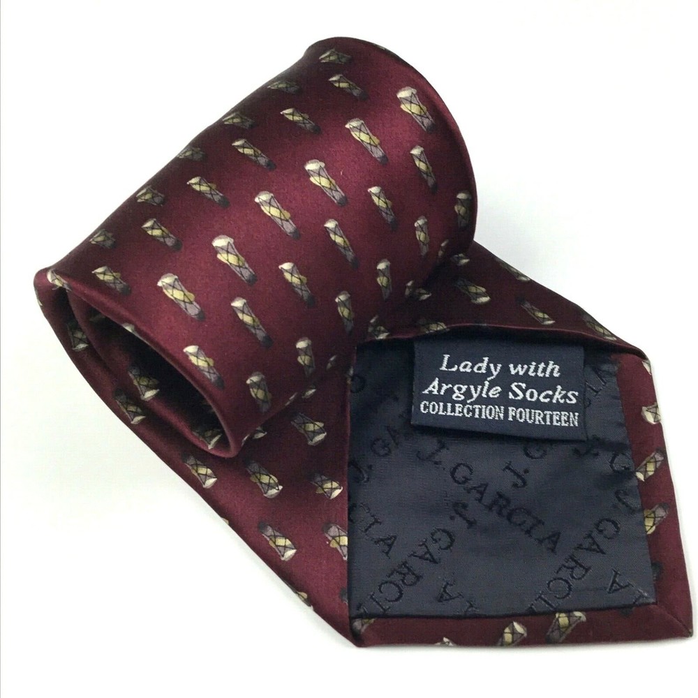 JERRY J GARCIA1996 Men's Silk Necktie Lady with Argyle Socks #14 Burgundy Tie - Picture 3 of 11